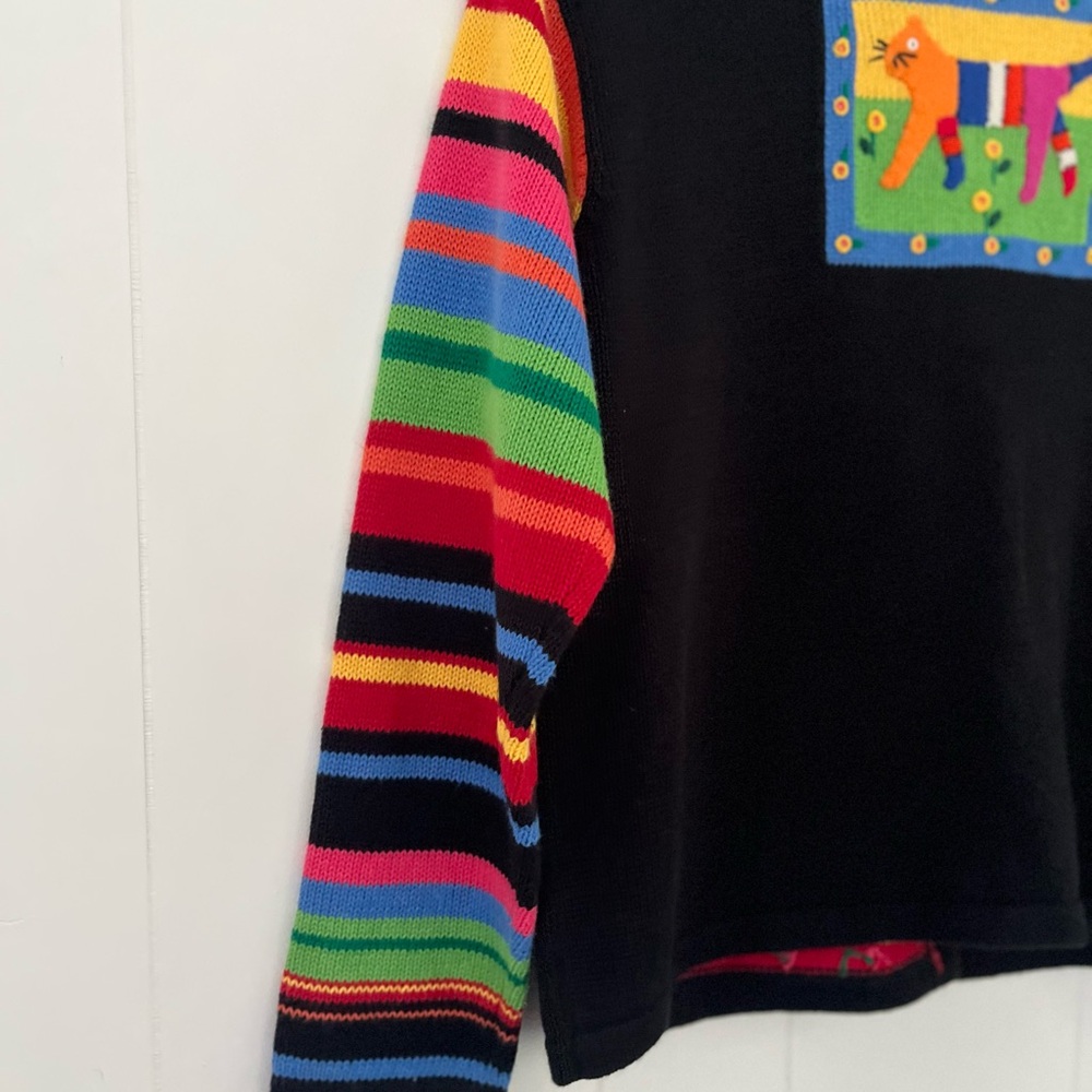 Susan Bristol Petites Colorful Black Embroidered Cats Sweater Cardigan Sz PLarge - Picture 12 of 12